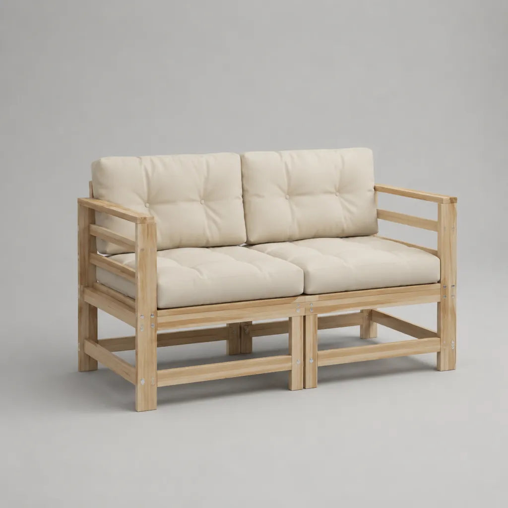 Gartensofa, 2-Sitzer aus massivem Kiefernholz mit Stoffpolstern, Natur/Creme, 140 × 75 × 78 cm