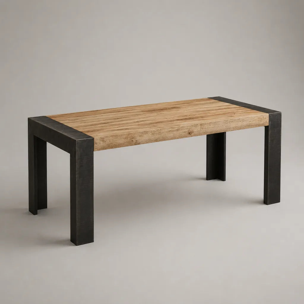 Table à manger rectangulaire en bois massif de mangue et acier, brun naturel/noir, 160 × 80 × 76 cm