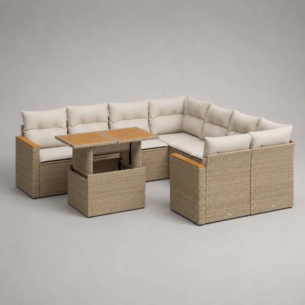 Kit de salon de jardin en forme de U en bois de pin et d'acacia avec table et tabouret, Greige, 260 × 200 × 85 cm