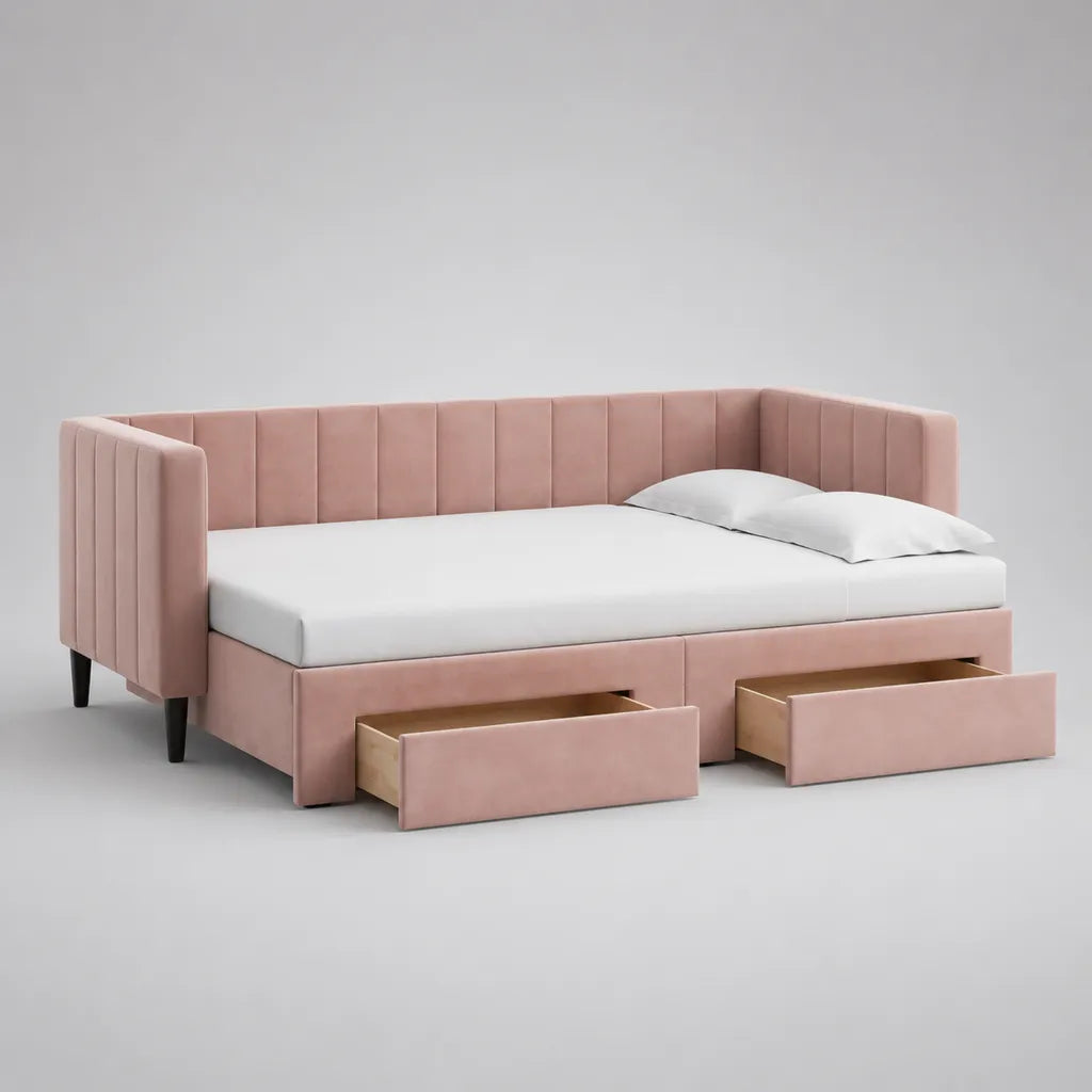 Lit d'appoint avec 2 tiroirs, velours polyester en rose, couchage 90 × 200 cm, dimensions totales 213 × 101 × 86 cm