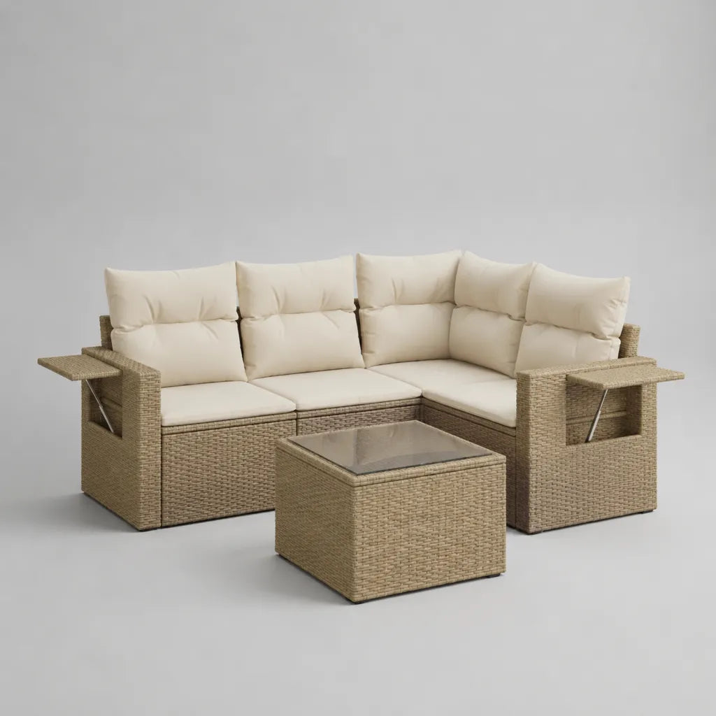 Garten-Lounge-Set 2-teilig, 5-Sitzer aus PE-Rattan und Metall, Beige/Cremeweiß, Ecksofa 236 x 180 x 86 cm mit Glastisch 65 x 65 x 42 cm