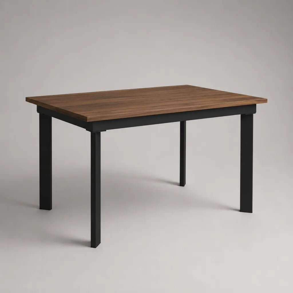 Table à manger rectangulaire avec décoration de noix et structure en acier noir, brun/noir, 120 × 80 × 75 cm