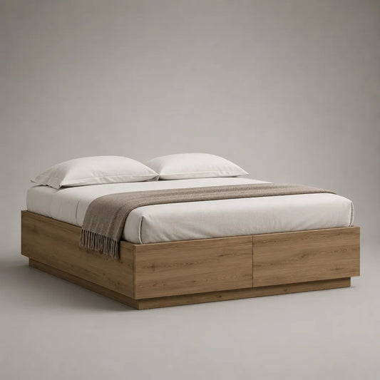 Stauraumbett aus Spanplatte mit 2 Schubladen, Eichefarben Braun, Liegefläche 160 × 200 cm