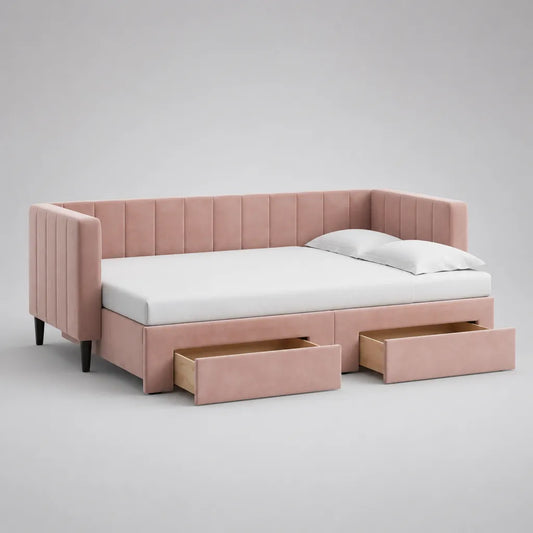 Tagesbett mit 2 Schubladen, Polyester-Samt in Rosa, Liegefläche 90 × 200 cm, Gesamtmaß 213 × 101 × 86 cm