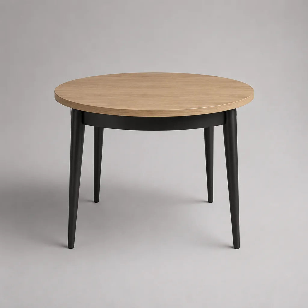 Runder Esstisch aus MDF mit Eichenfurnier und Massivholz, Natur/Schwarz, Ø 100 × H 75 cm