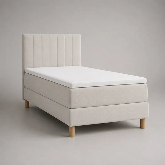 Boxspringbett Einzelbett mit Matratze, Topper und Polyesterbezug, Cremeweiß, 90 × 200 cm