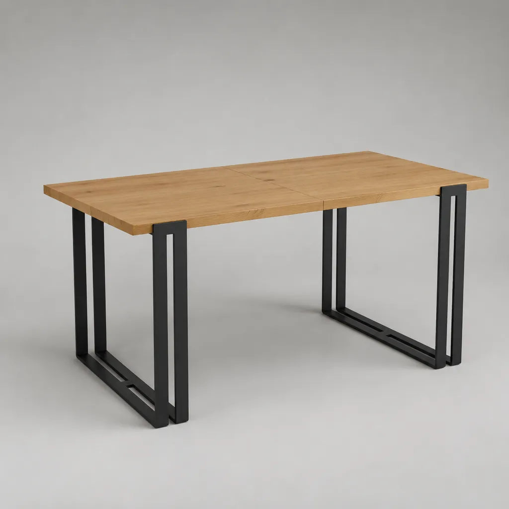 Ausziehbarer rechteckiger Esstisch aus massiver Eiche und Stahl, Eiche Natur/Schwarz, 160–200 × 90 × 76 cm