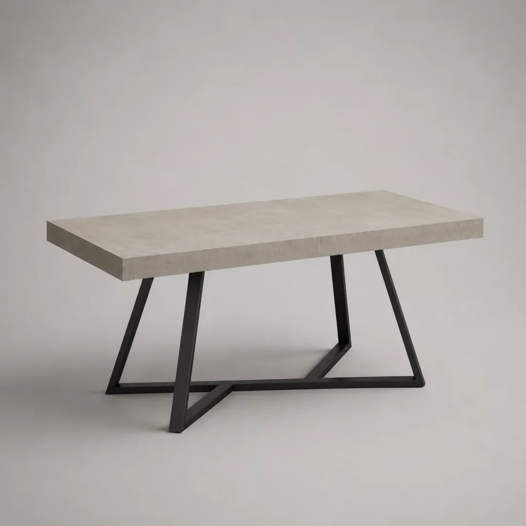Rechteckiger Esstisch aus MDF und Stahl, Betongrau/Schwarz, 160 × 90 × 76 cm