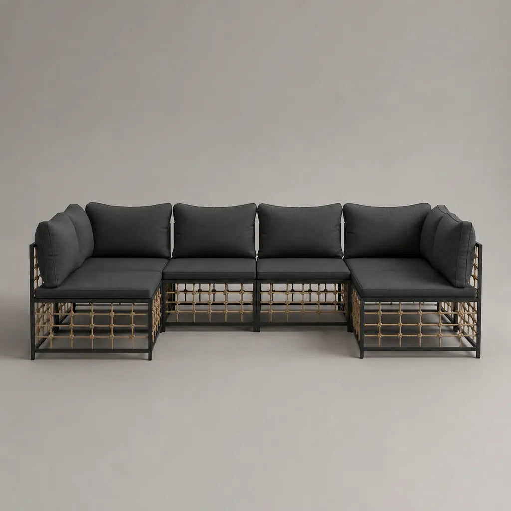 Canapé-salon 4 parties, en U, acier et corde PP, anthracite/noir/beige, 294 × 140 × 76 cm