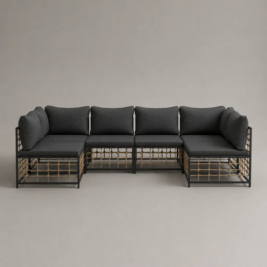 4-teiliges Gartensofa-Lounge-Set, U-förmig, Stahl und PP-Seil, Anthrazit/Schwarz/Beige, 294 × 140 × 76 cm