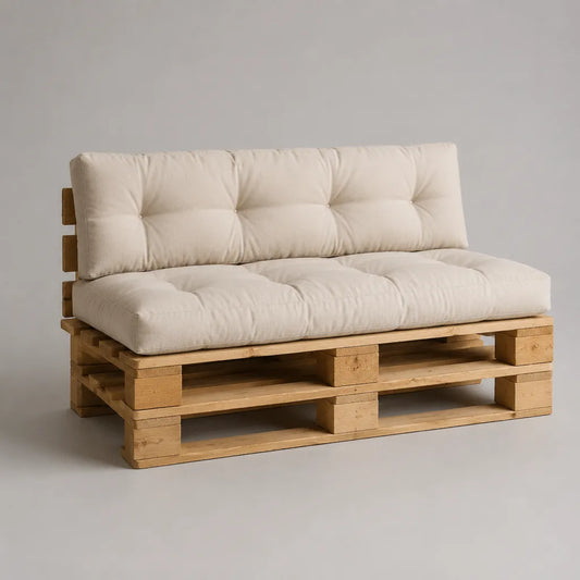 Gartensofa 2-Sitzer Palettensofa aus massivem Kiefernholz mit Polyesterpolstern, Natur/Naturweiß, 160 x 80 x 85 cm