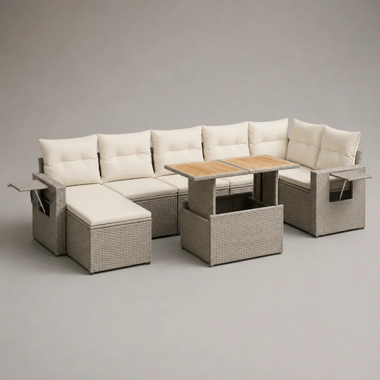 Gartenlounge-Set 6-teilig aus PE-Rattan und Akazienholz, U-förmig, Grau/Creme/Naturfarben, 260 × 190 × 74 cm