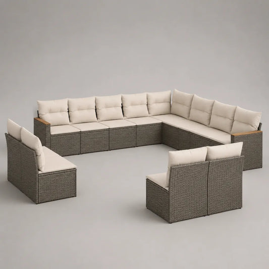13-Sitzer Gartenlounge-Set aus PE-Rattan und pulverbeschichtetem Stahl, U-förmig, Grau/Beige/Braun, 375 × 300 × 85 cm