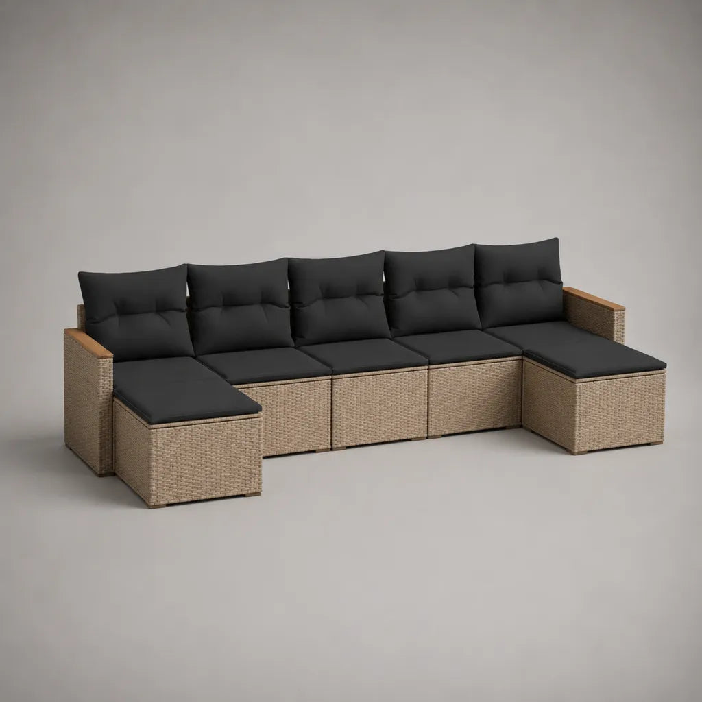 7-teiliges Gartensofa aus PE-Rattan mit Kissen, U-Form, Beige-Schwarz-Braun, 310 × 140 × 72 cm